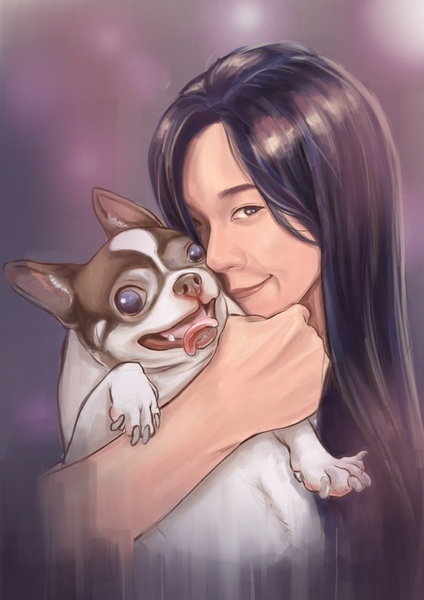 Painterly portrait of pet and owner