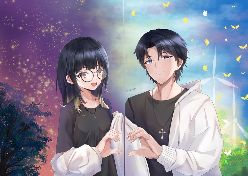 Colored Bust Up Couple Anime Style