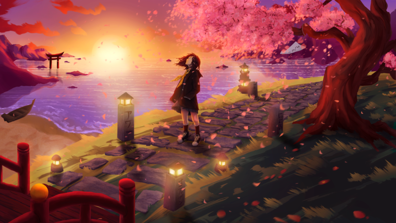 anime style landscape with a character