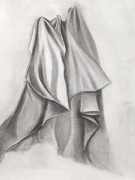 Charcoal drawing of a fabric and cloth