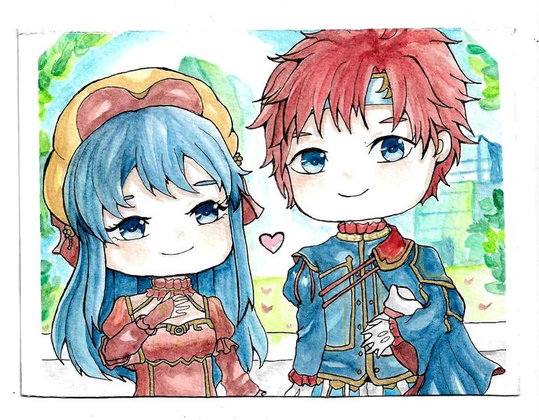 Chibi couple watercolor with simple BG