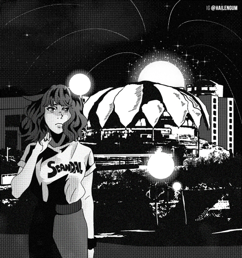 B&W manga style with background