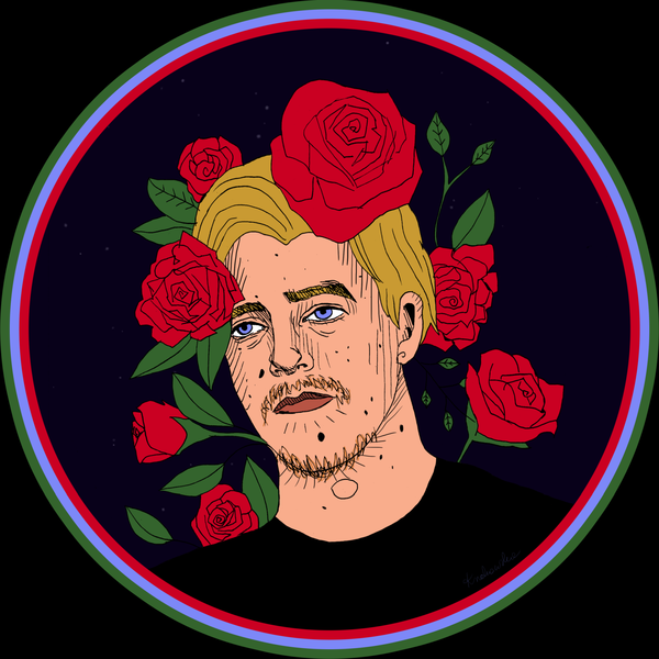 blond man surrounded by roses