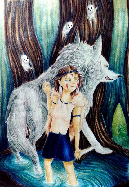 Colored full body and background with watercolor pencils