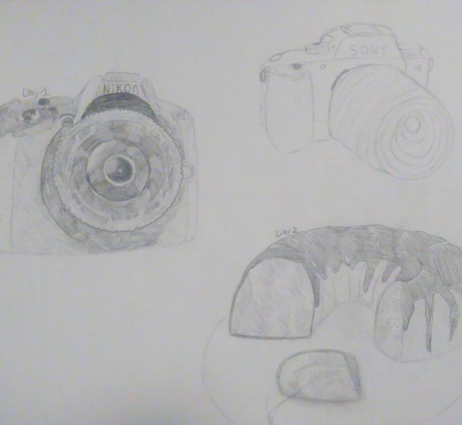 Life drawing of a camera and cake